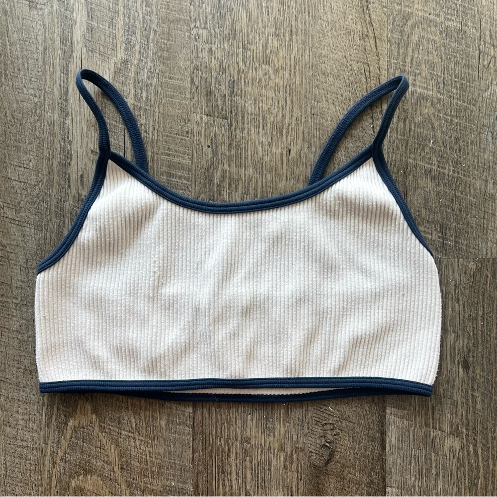 zara women’s ribbed white crop top with navy piping size xs / s